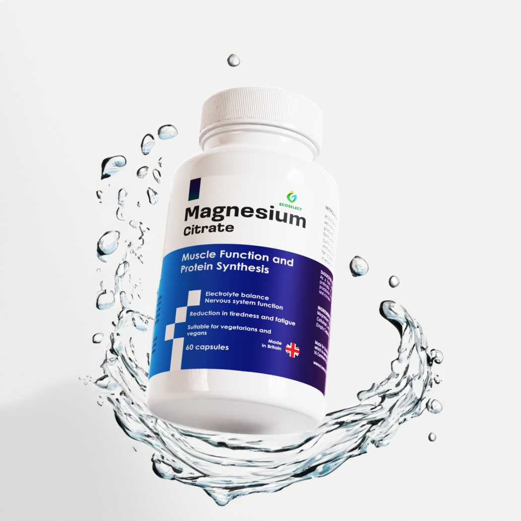 EcoSelect High Absorption Magnesium Citrate 200mg capsules amidst a refreshing water splash, symbolizing purity and hydration for health and wellness.