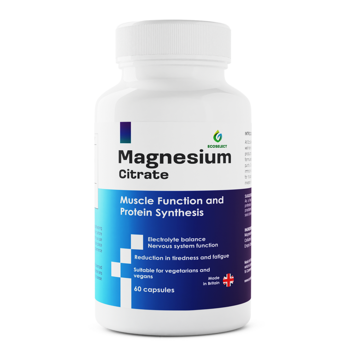 High Absorption Magnesium Citrate 200mg - Muscle &amp; Bone Support Vegan Capsules - 60 - EcoSelect